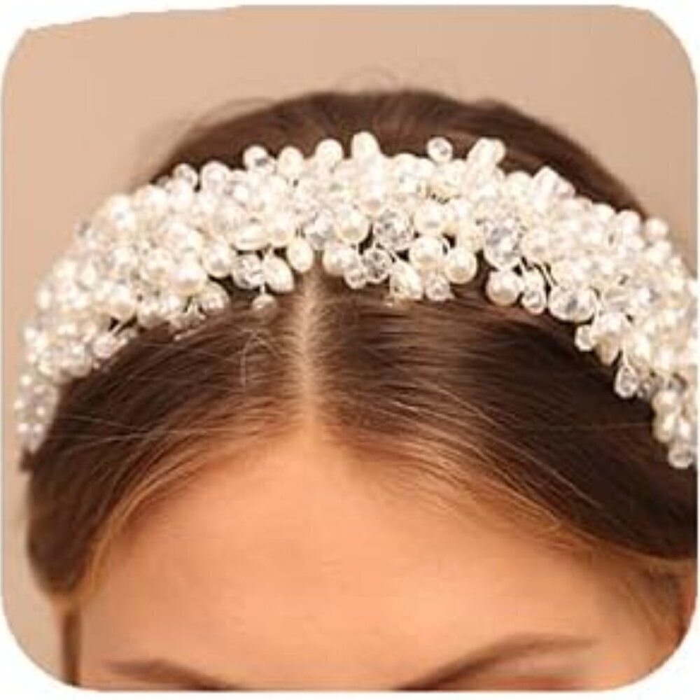 Vintage Wedding Pearl Beads Crystal Tiara Hair Crown Handmade Bride Headband Bri